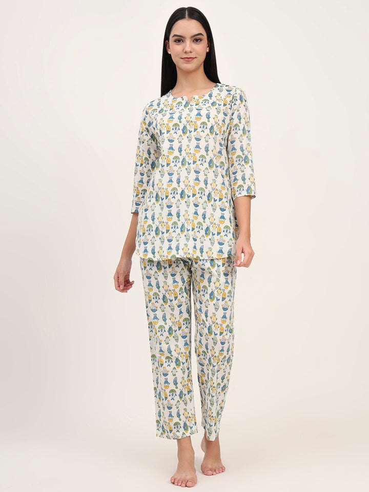 Divena White Cotton Printed Night Suit Set