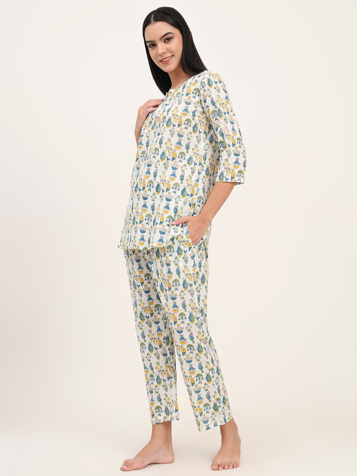 Divena White Cotton Printed Night Suit Set