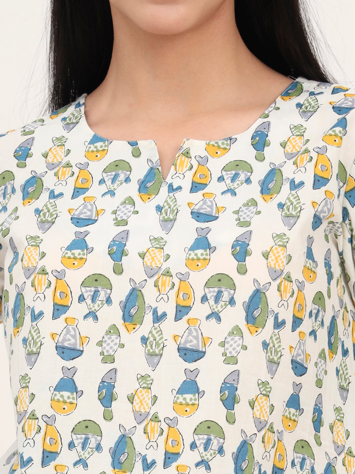 Divena White Cotton Printed Night Suit Set