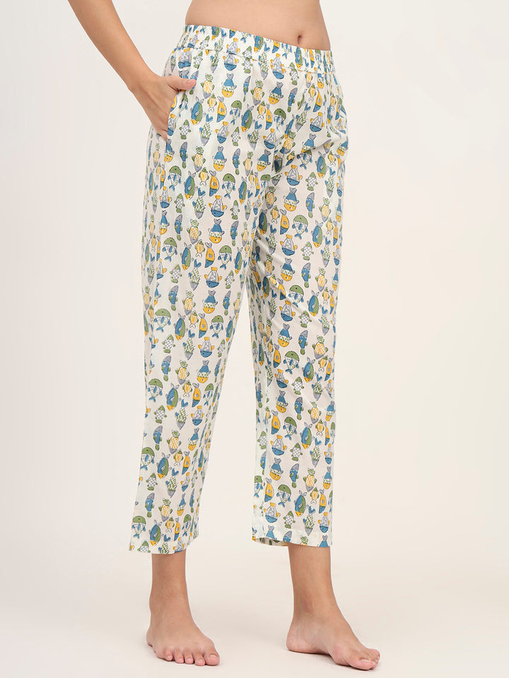 Divena White Cotton Printed Night Suit Set