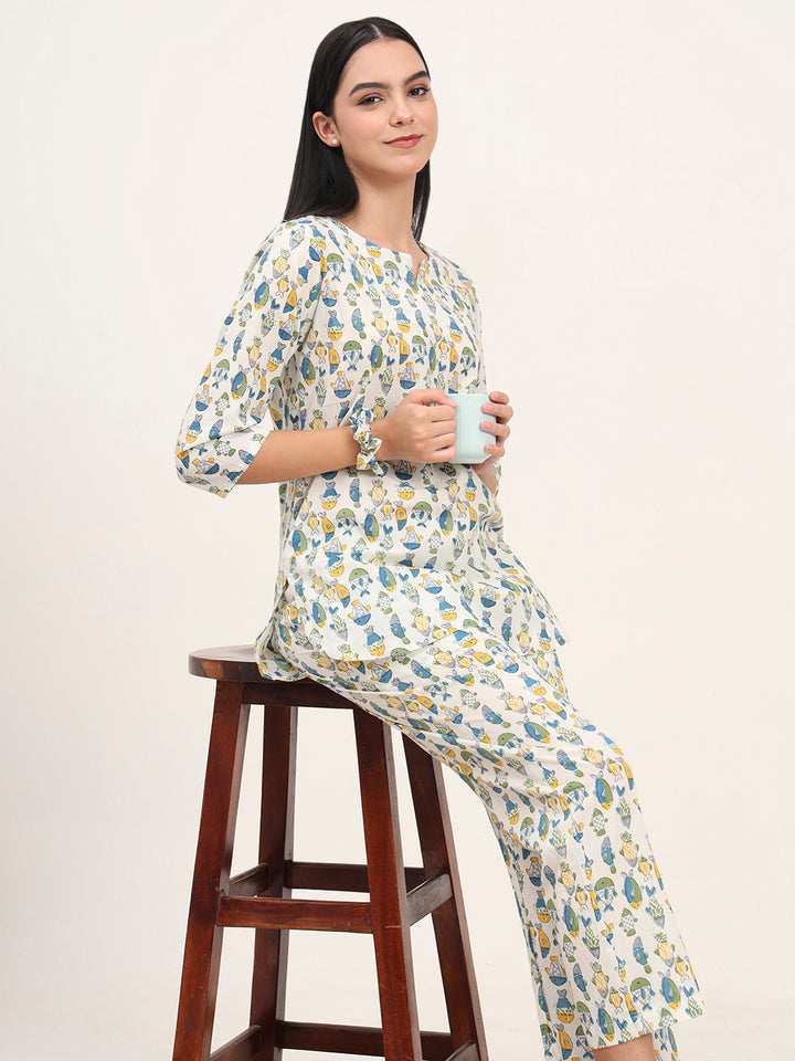 Divena White Cotton Printed Night Suit Set