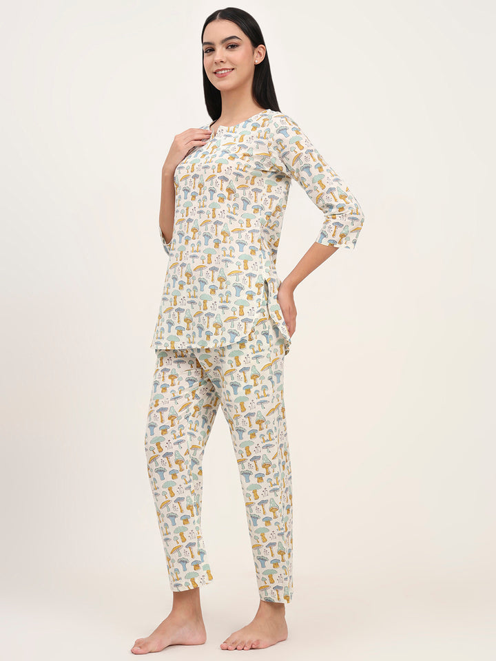 Divena Cream Cotton Printed Night Suit Set