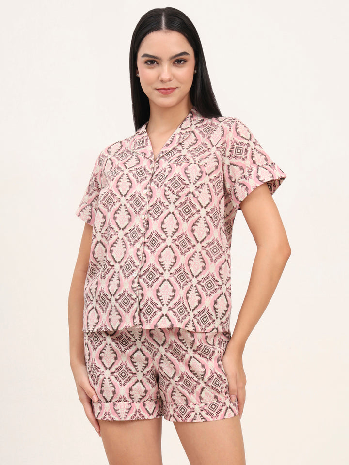 Divena Pink Cotton Floral Printed Shirts With Shorts Night Suits