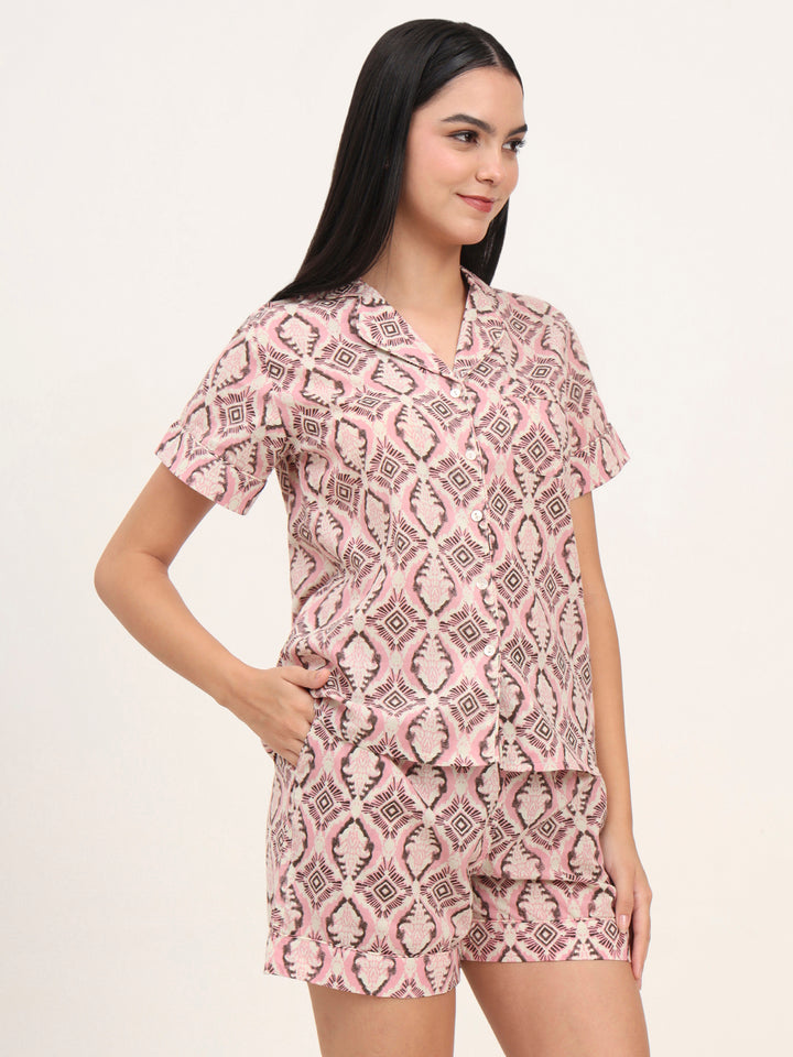 Divena Pink Cotton Floral Printed Shirts With Shorts Night Suits