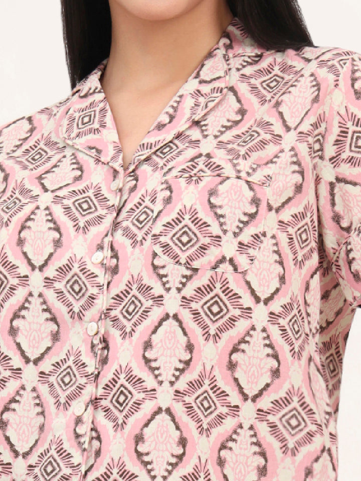 Divena Pink Cotton Floral Printed Shirts With Shorts Night Suits