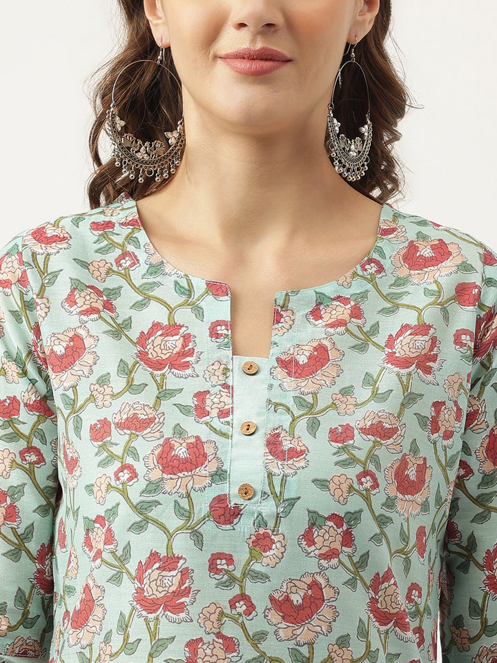 Divena Green Chanderi Floral Printed Kurta with Pant Set