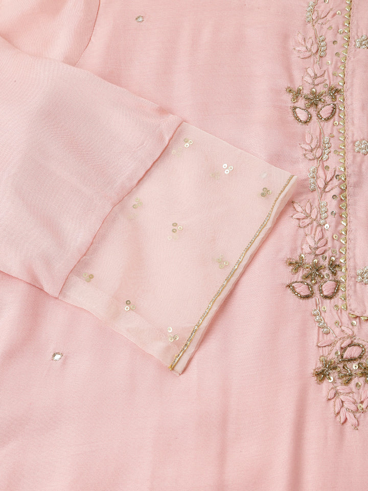 Divena Baby Pink Embroidered Chanderi  Kurta, Trouser With Dupatta