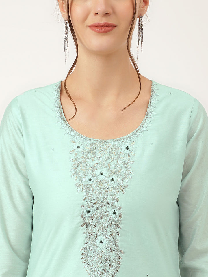 Divena Sea Green Embroidered Chanderi  Kurta, Trouser With Dupatta