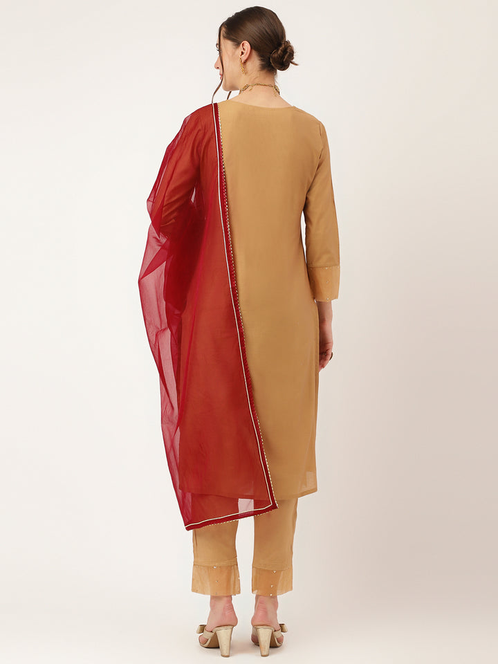 Divena Brown Embroidered Chanderi  Kurta, Trouser With Dupatta
