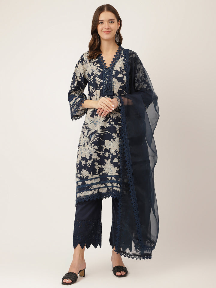 Divena Navy Blue Floral Print Cotton Kurta Trouser With Dupatta