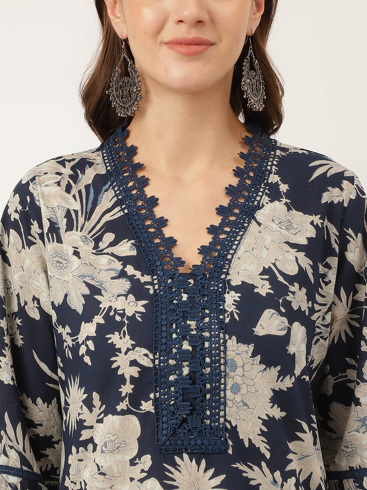 Divena Navy Blue Floral Print Cotton Kurta Trouser With Dupatta