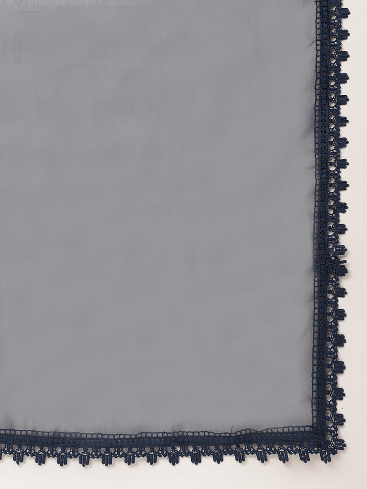 Divena Navy Blue Floral Print Cotton Kurta Trouser With Dupatta