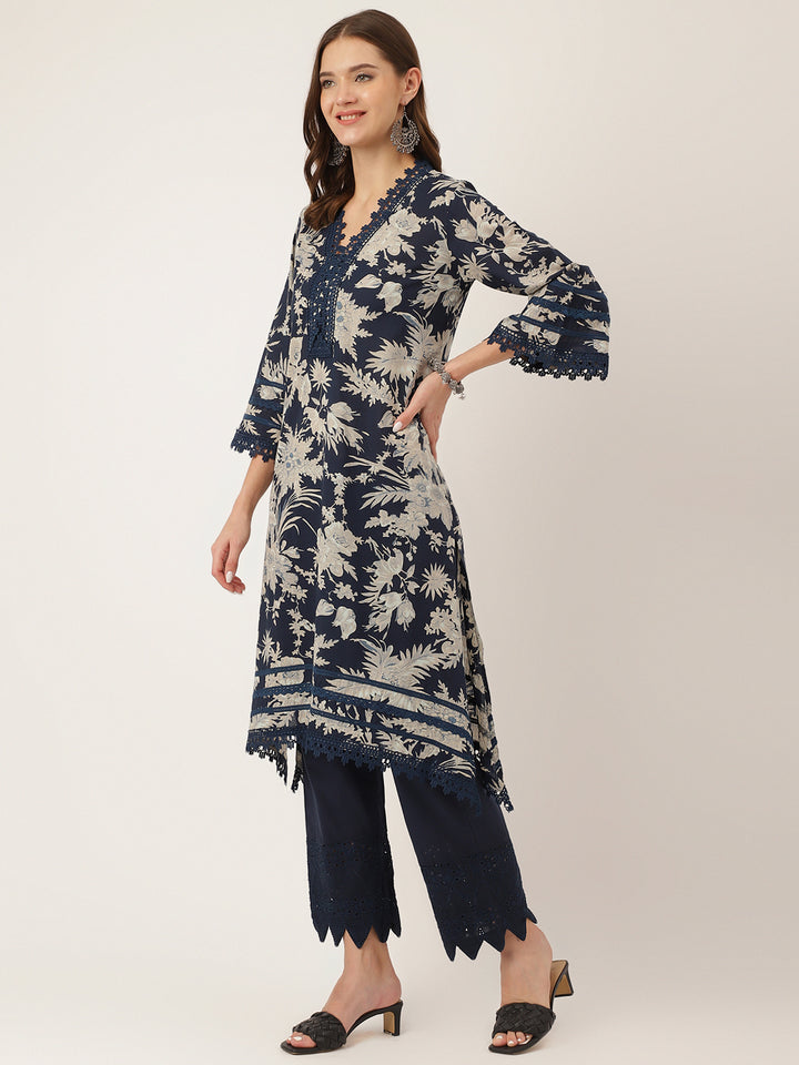 Divena Navy Blue Floral Print Cotton Kurta Trouser With Dupatta