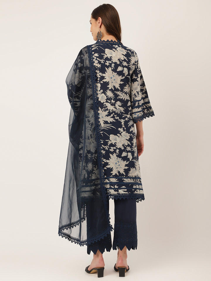 Divena Navy Blue Floral Print Cotton Kurta Trouser With Dupatta