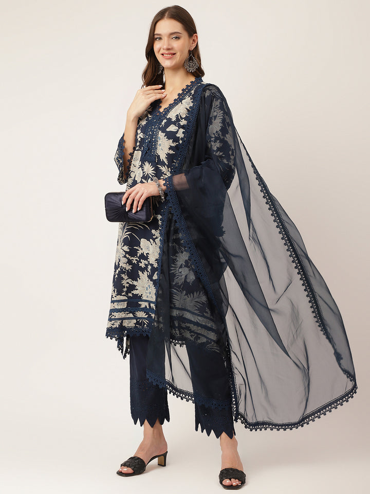 Divena Navy Blue Floral Print Cotton Kurta Trouser With Dupatta