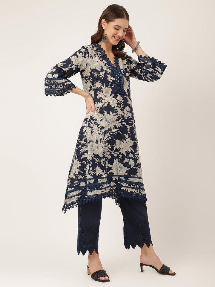 Divena Navy Blue Floral Print Cotton Kurta Trouser With Dupatta