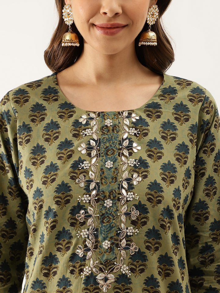 Divena Green Floral Print Cotton Embroidered Kurta set with Dupatta