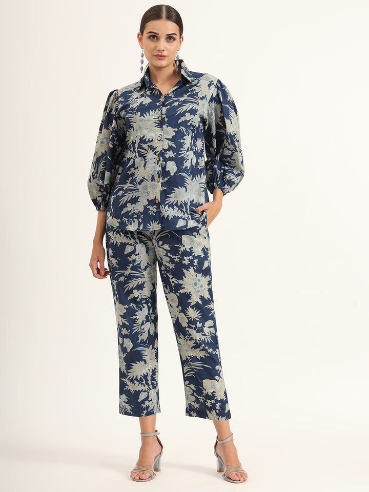 Divena Navy Floral Print Pure Cotton Straight Co-ord Set