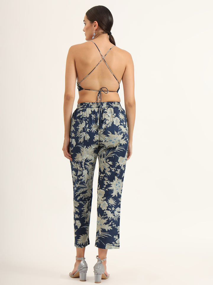 Divena Navy Floral Print Pure Cotton Straight Co-ord Set
