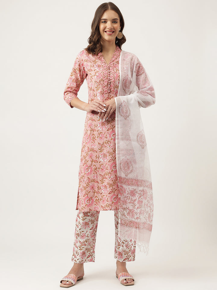 Divena Pink hand block Floral Printed Cotton Kurta, trousers with Dupatta Set