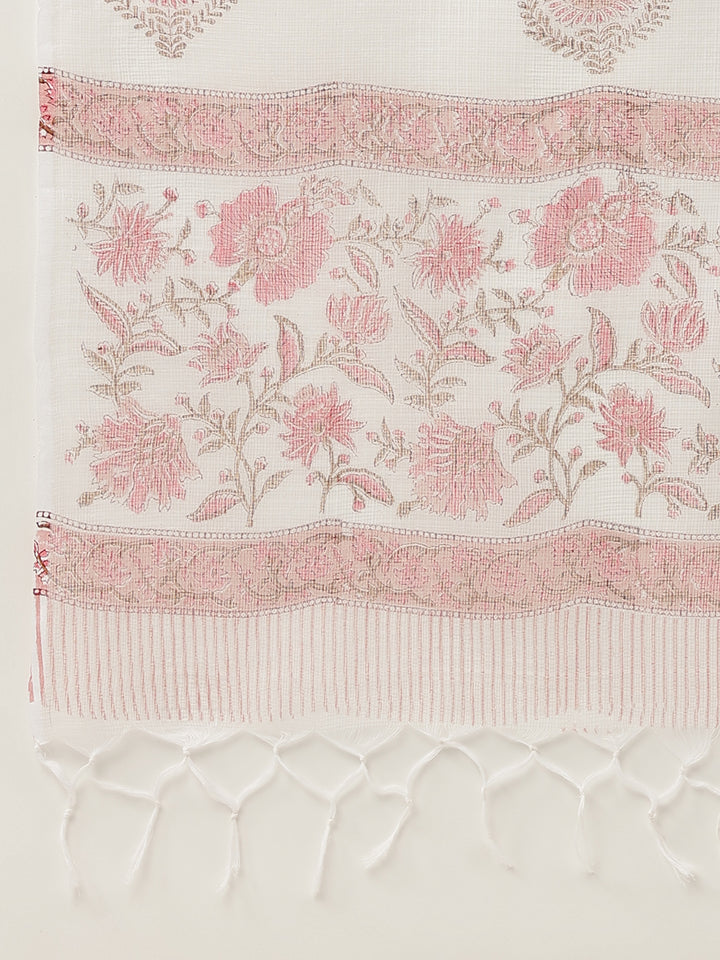 Divena Pink Floral HandBlock Printed Cotton Anarkali Kurta, trouser with Dupatta Set