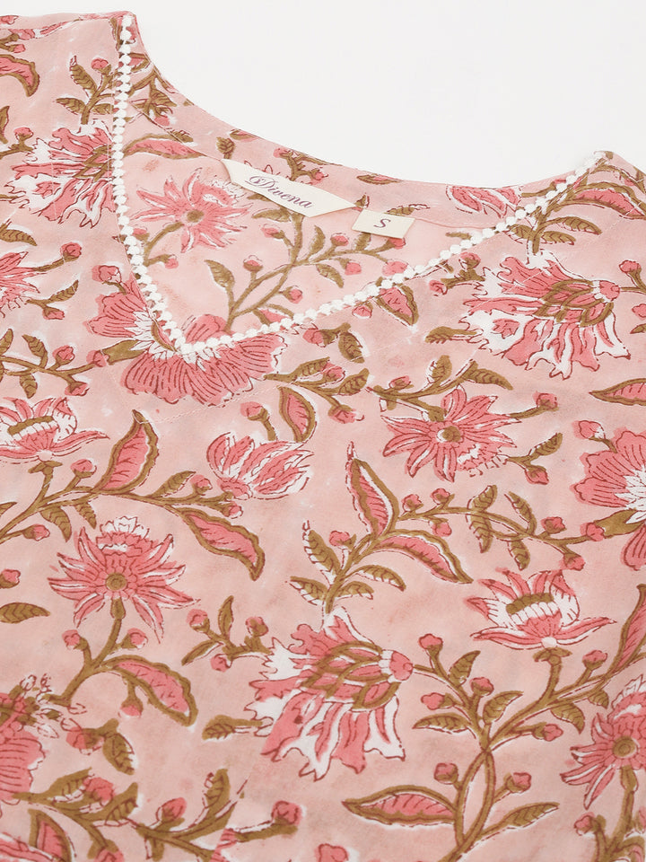 Divena Pink Floral HandBlock Printed Cotton Anarkali Kurta, trouser with Dupatta Set