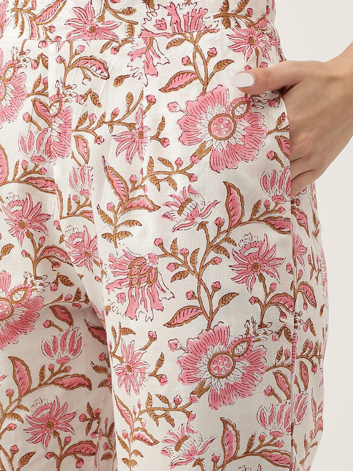 Divena Pink Floral HandBlock Printed Cotton Anarkali Kurta, trouser with Dupatta Set