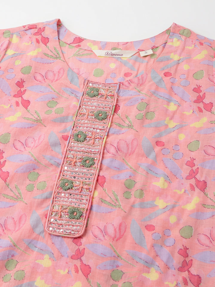Divena Pink Floral Print Cotton  Kurta, Trouser With Dupatta