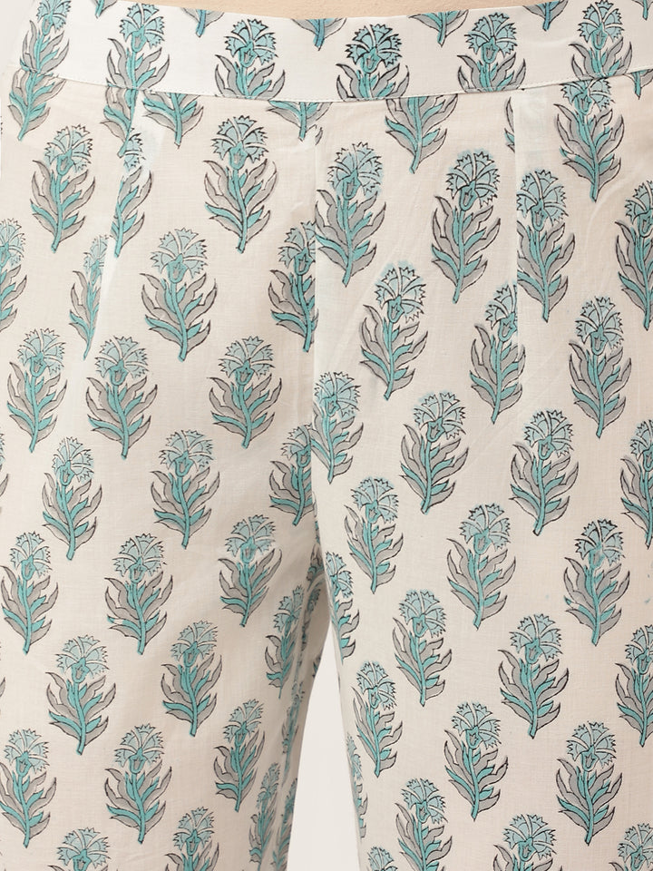 Divena Sky Blue Hand Block Floral Print Cotton Kurta, Trouser With Dupatta