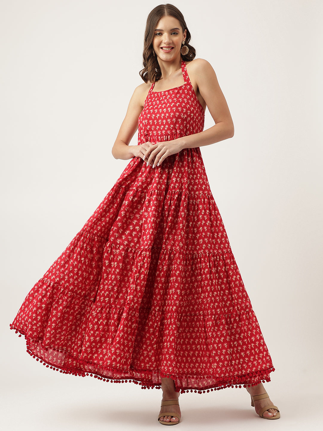 Divena Red Floral Printed Cotton Halter Neck Ethnic Tiered Dress divena world Divena Red Floral Printed Cotton Halter Neck Ethnic Tiered Dress divena world