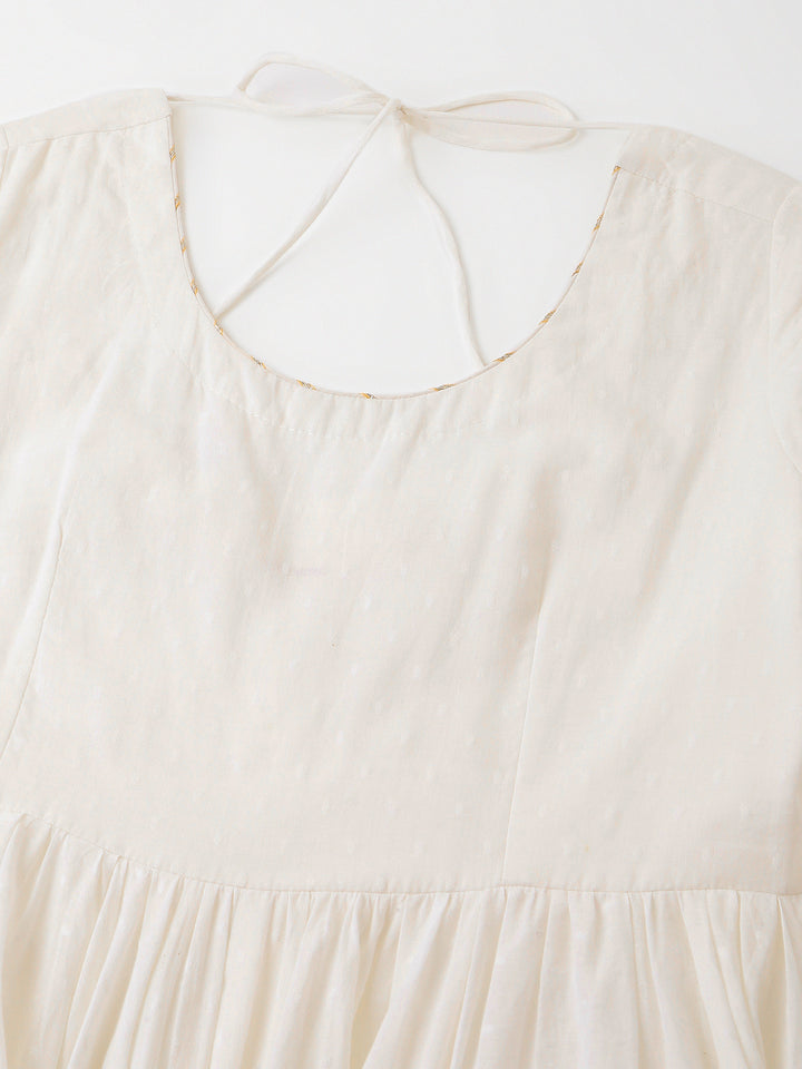 Off White Shree Ram Buta Cotton Layered Anarkali Kurta, Trouser With Dupatta