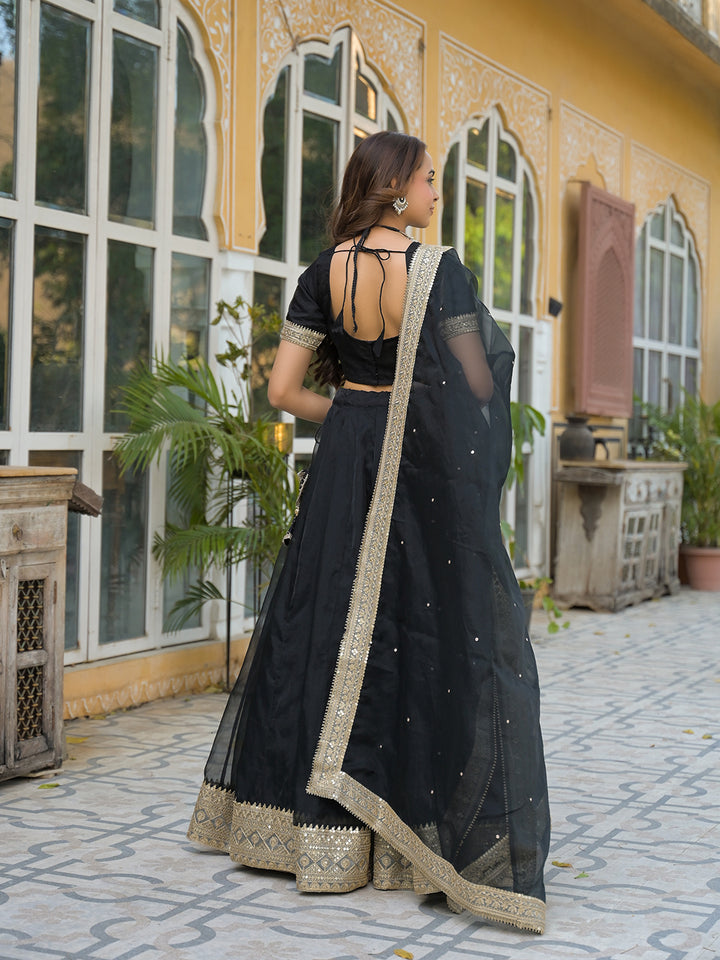 Divena Black Solid Organza Lehenga with Choli and Dupatta
