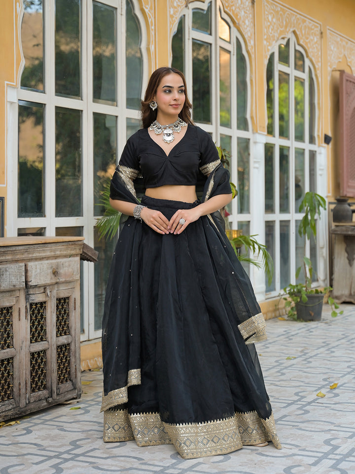 Divena Black Solid Organza Lehenga with Choli and Dupatta