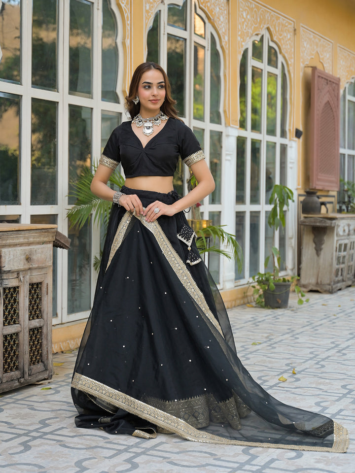 Divena Black Solid Organza Lehenga with Choli and Dupatta