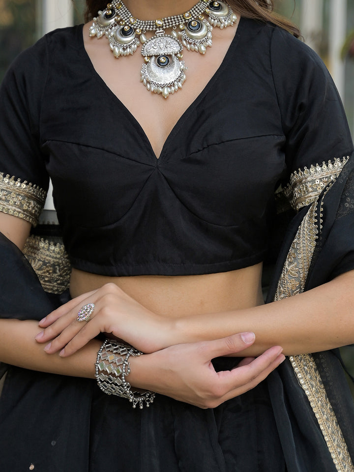 Divena Black Solid Organza Lehenga with Choli and Dupatta