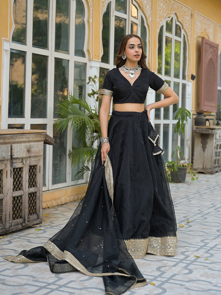 Divena Black Solid Organza Lehenga with Choli and Dupatta