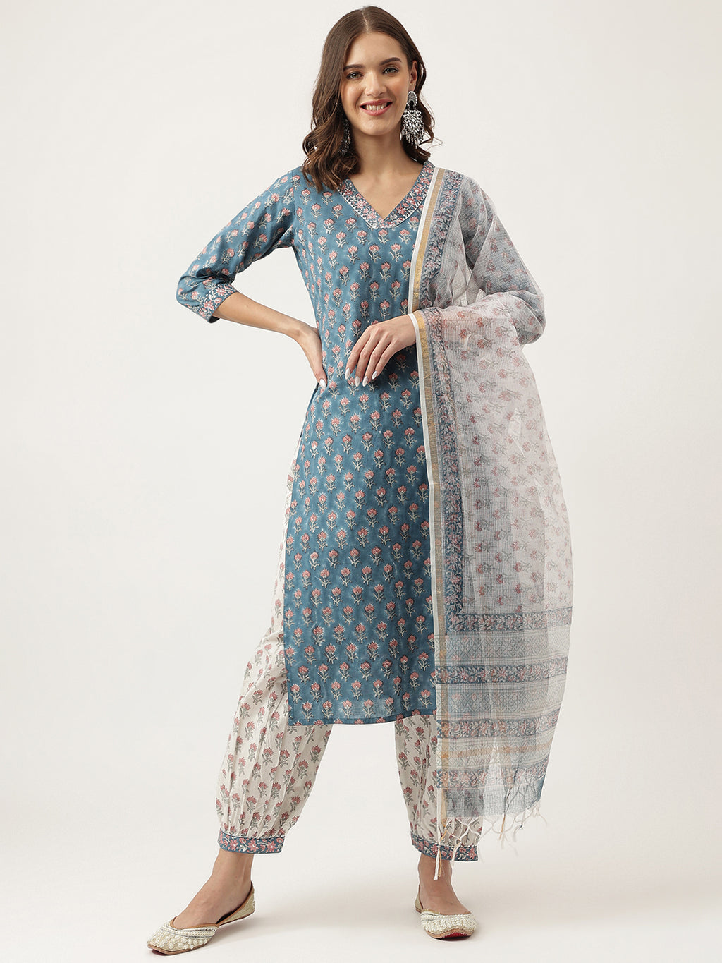 Women Turquoise Blue Ornamental Printed Kurta Trouser Dupatta main image 1