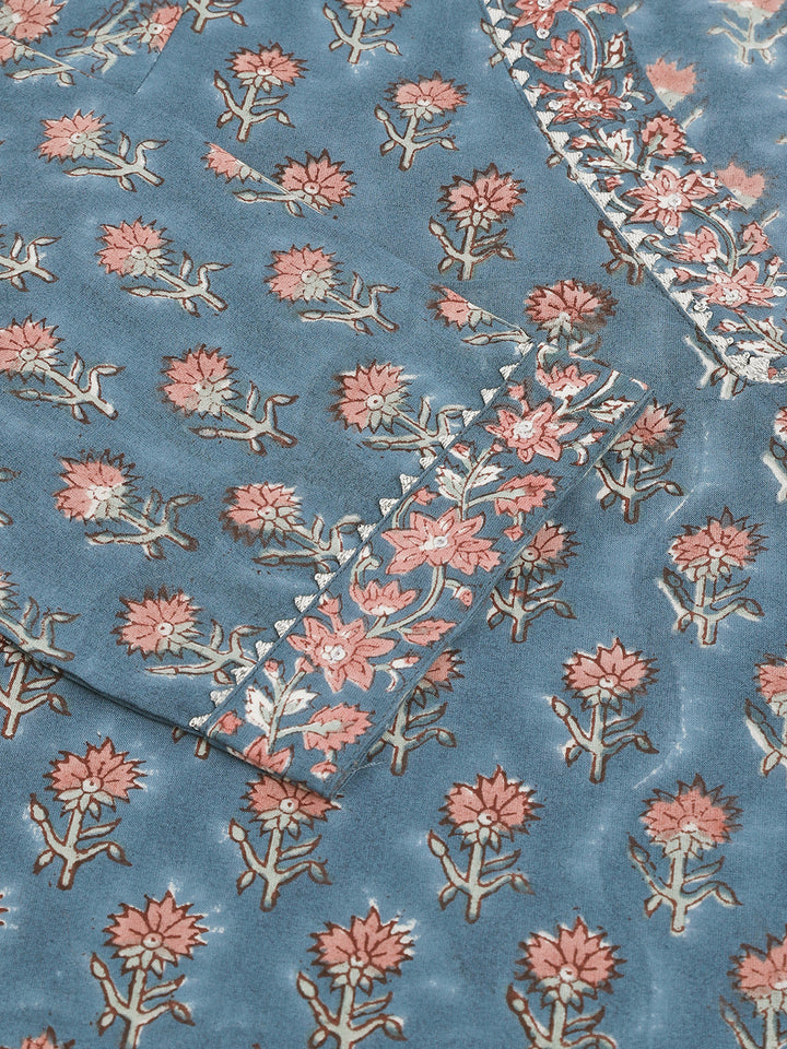Divena Blue Floral Printed Cotton Embroidered kurta, Trouser with Dupatta