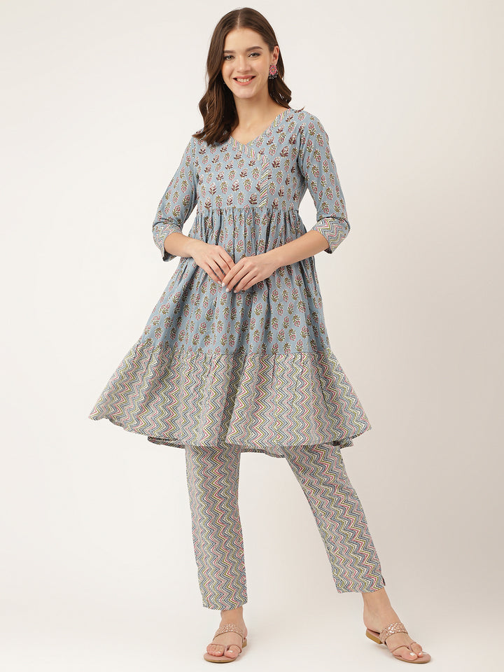 Divena Sky Blue Hand Block Floral Print Cotton Kurta, Trouser