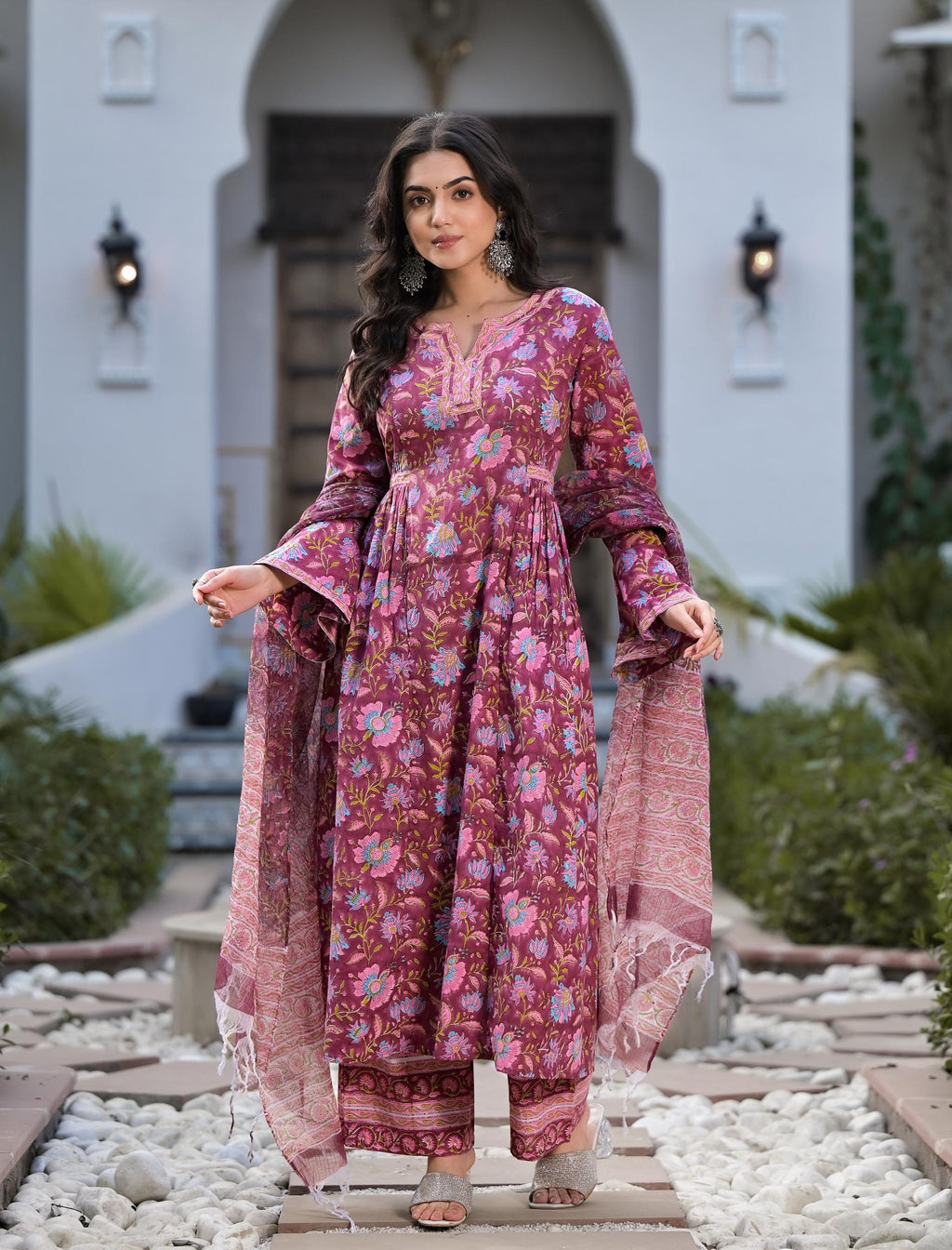 Divena White Hand Block Floral Print Cotton  Kurta, Trouser With Dupatta