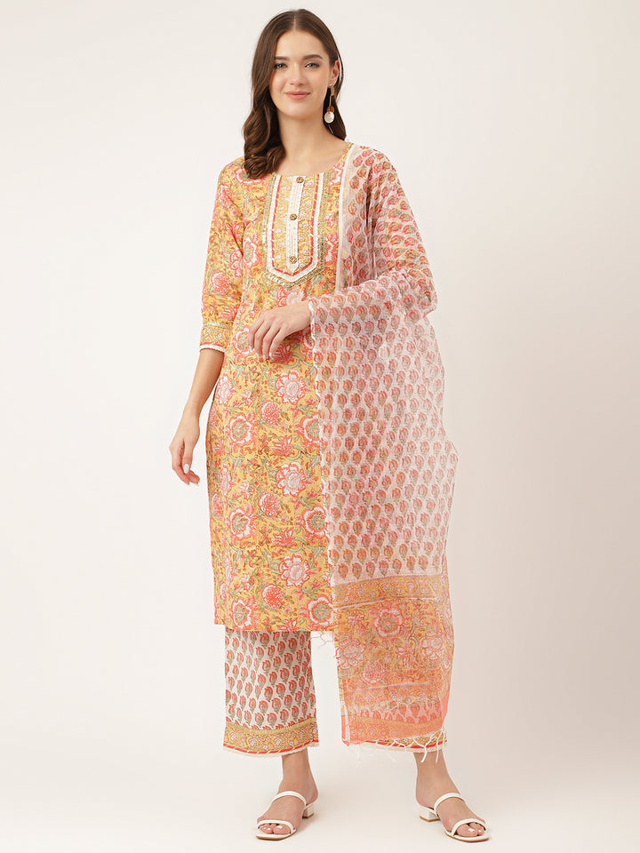 Divena Yellow Hand Block Floral Print Cotton  Kurta, Trouser With Dupatta