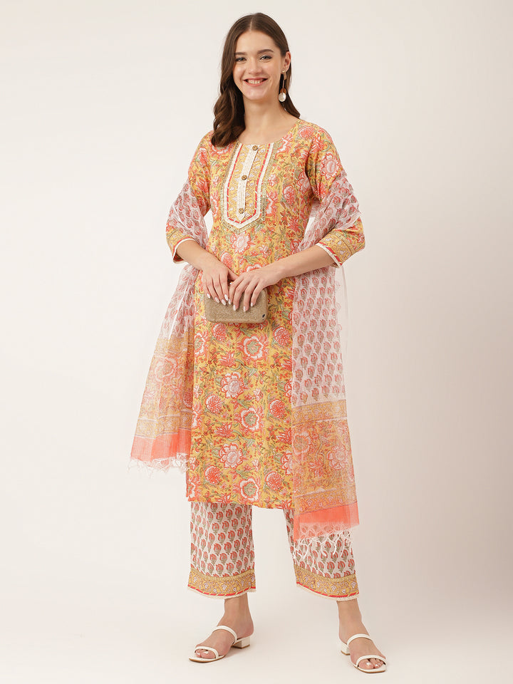 Divena Yellow Hand Block Floral Print Cotton  Kurta, Trouser With Dupatta