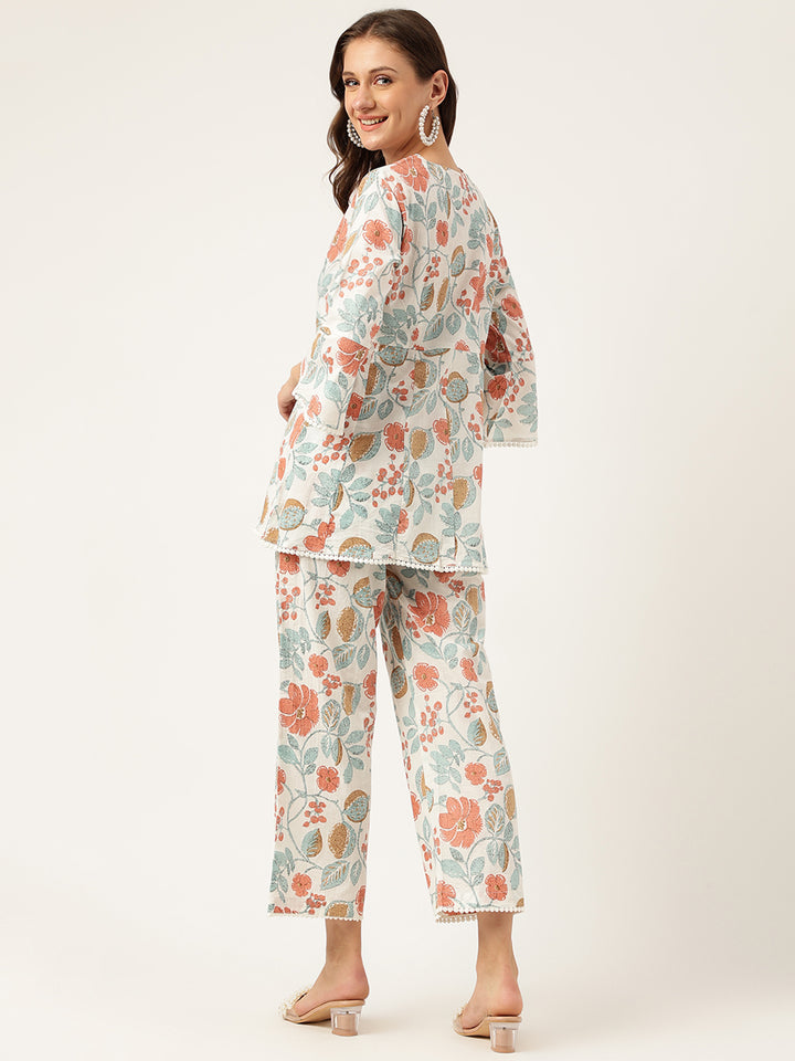 Divena Women Floral Printed Pure Cotton Tunic With Trousers