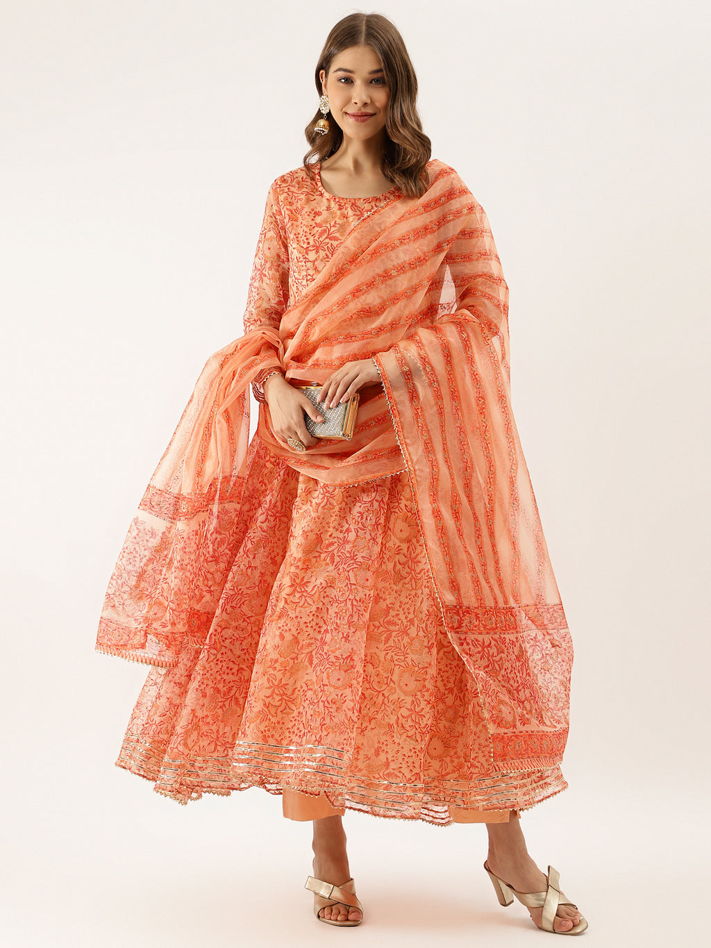Sharvi Organza Orange Anarkali Kurta Set