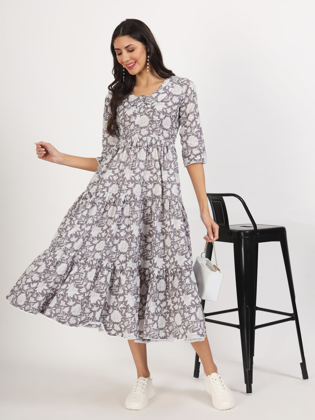 floral printed cotton dress Blue Floral Midi Cotton Casual Dress: Carmen Blue Floral / XSmall