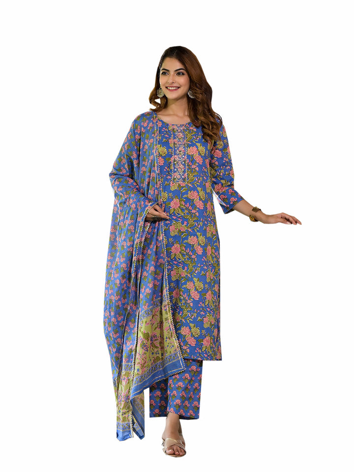 Divena blue Floral Print Cotton Straight fit Kurta Set