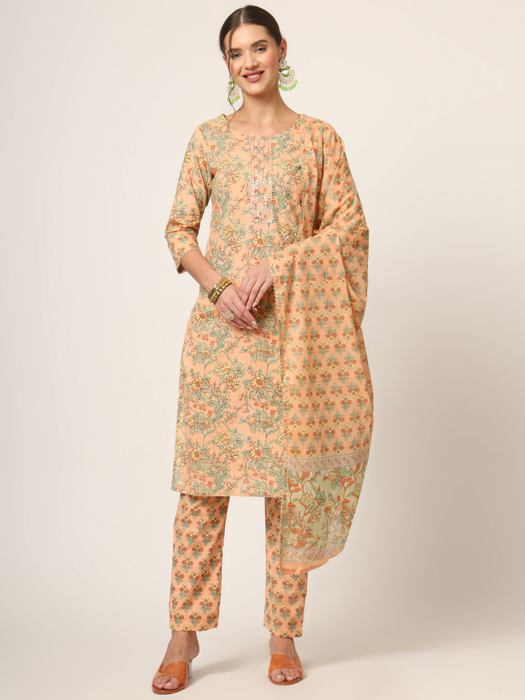 Divena Peach Floral Print Cotton Straight fit Kurta Set