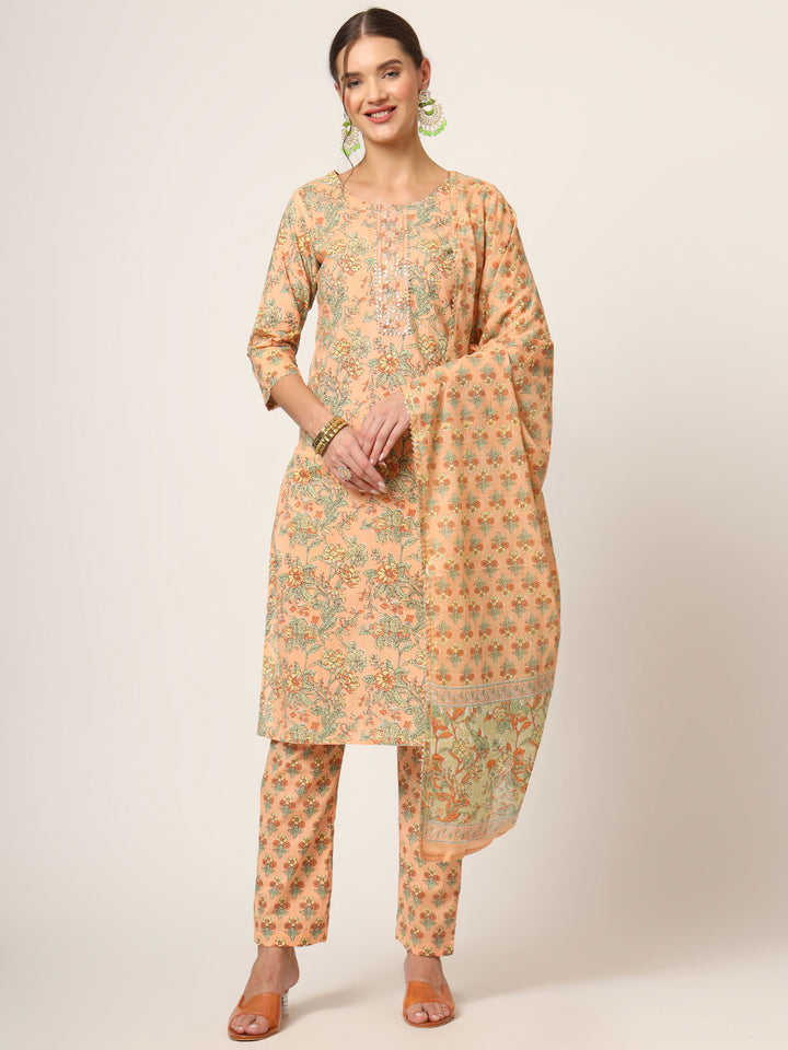 Divena Peach Floral Print Cotton Straight fit Kurta Set