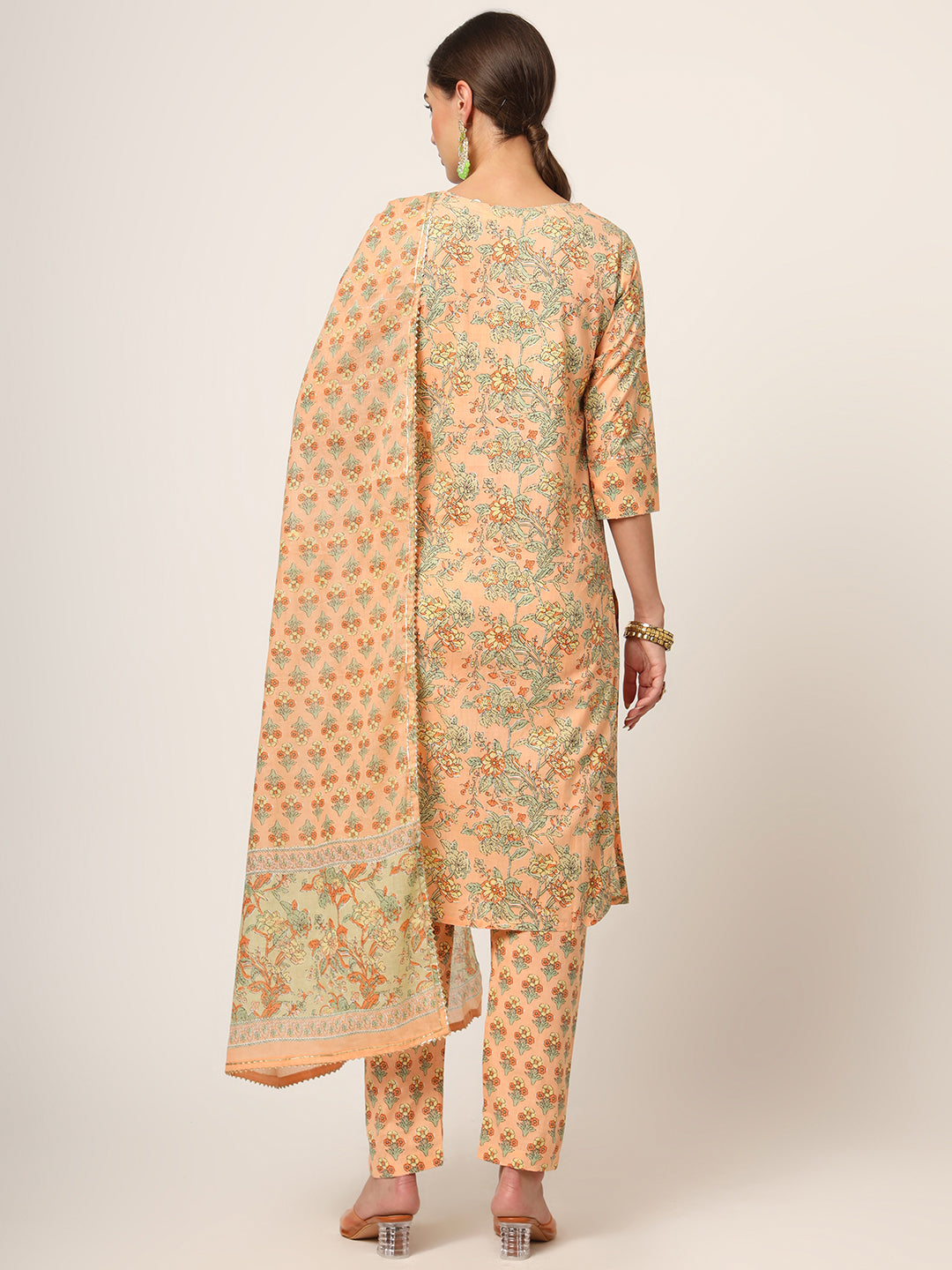 Divena Peach Floral Print Cotton Straight fit Kurta Set
