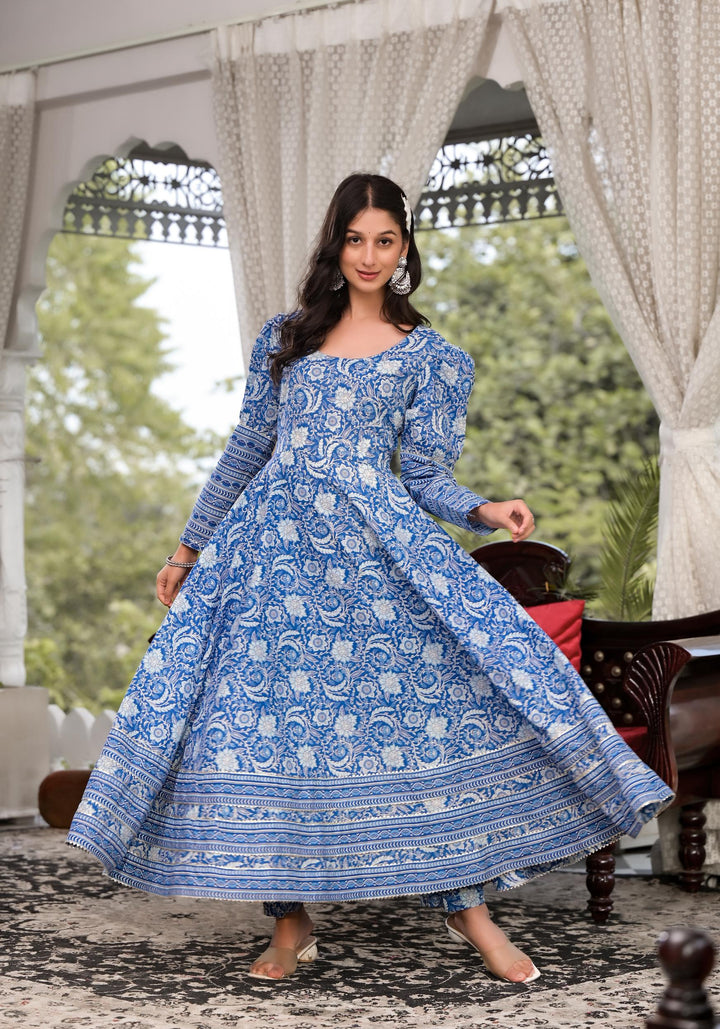 Divena Blue Gota Patti Cotton Anarkali Kurta Pant Sets